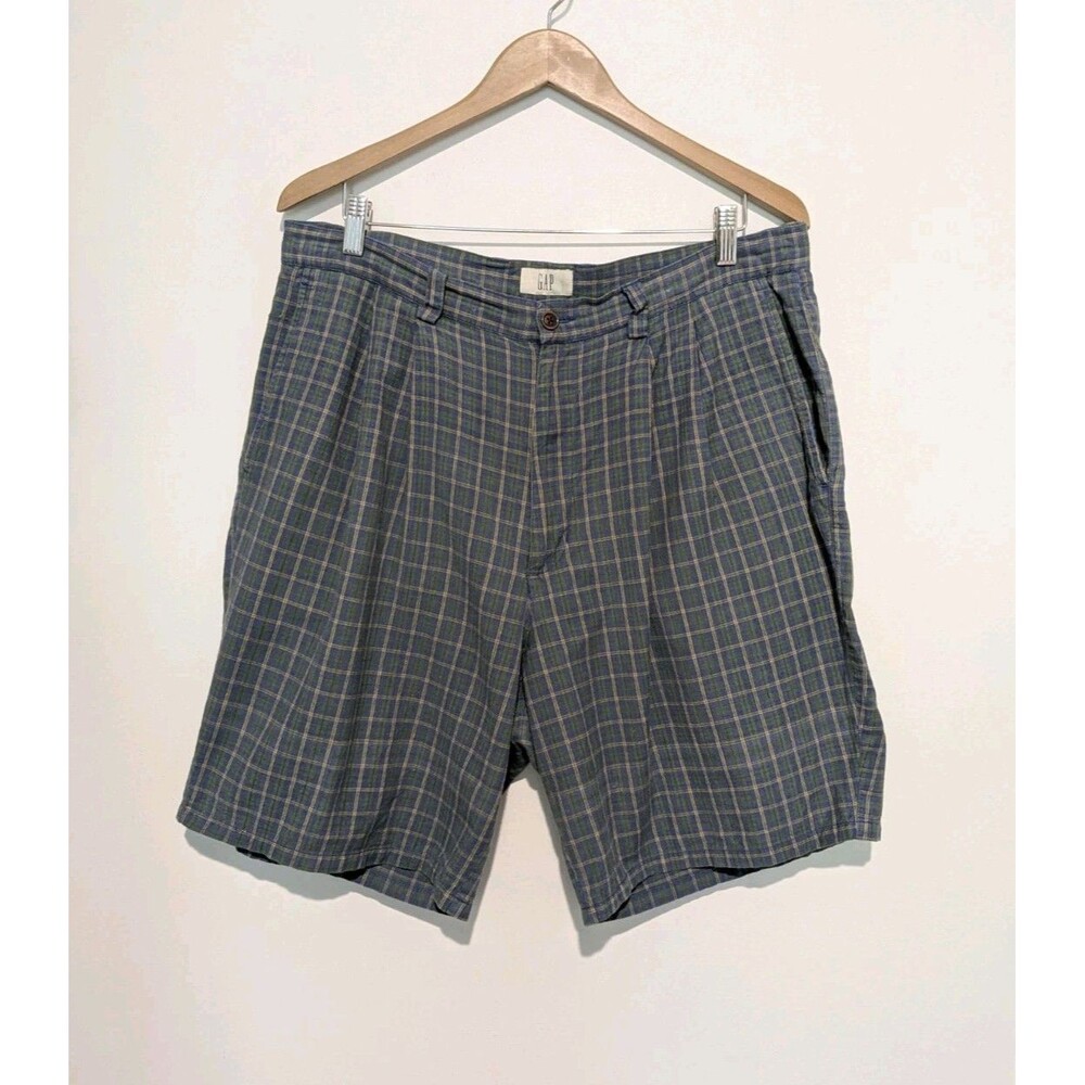 Vintage GAP Mens Pleated Cotton Shorts 36 Blue Green Plaid Preppy 80s Golf